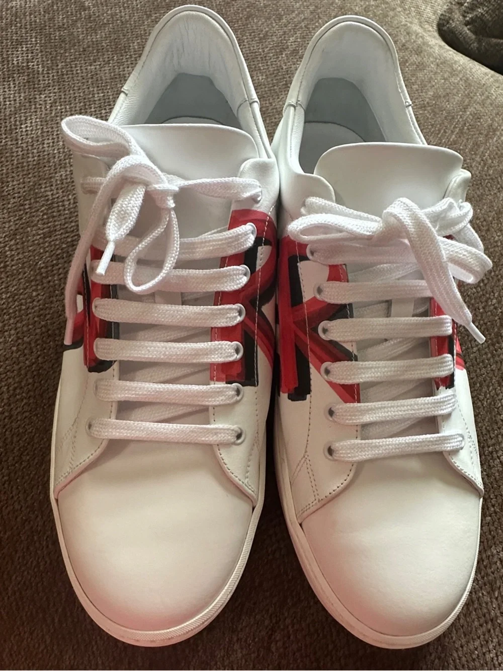 Burberry White Leather Sneakers with Red and Black Graphic
